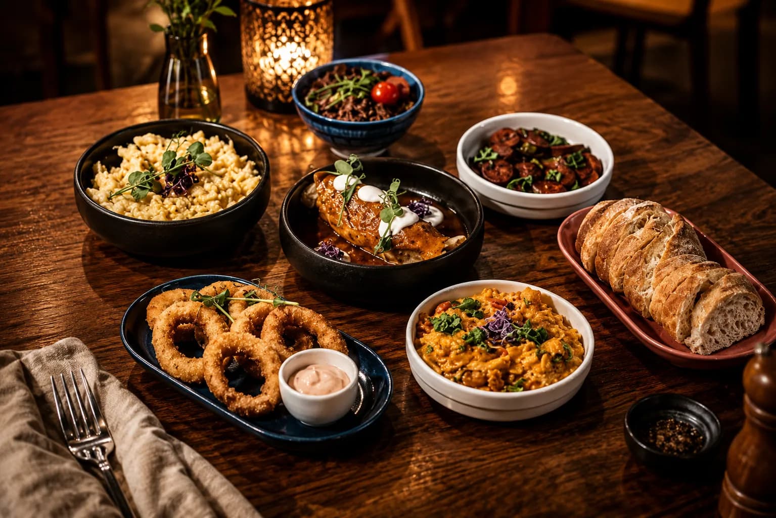 Magyar tapas tálak az asztal közepén a Pause Kitchen & Barban, Váci utca 63, Budapest